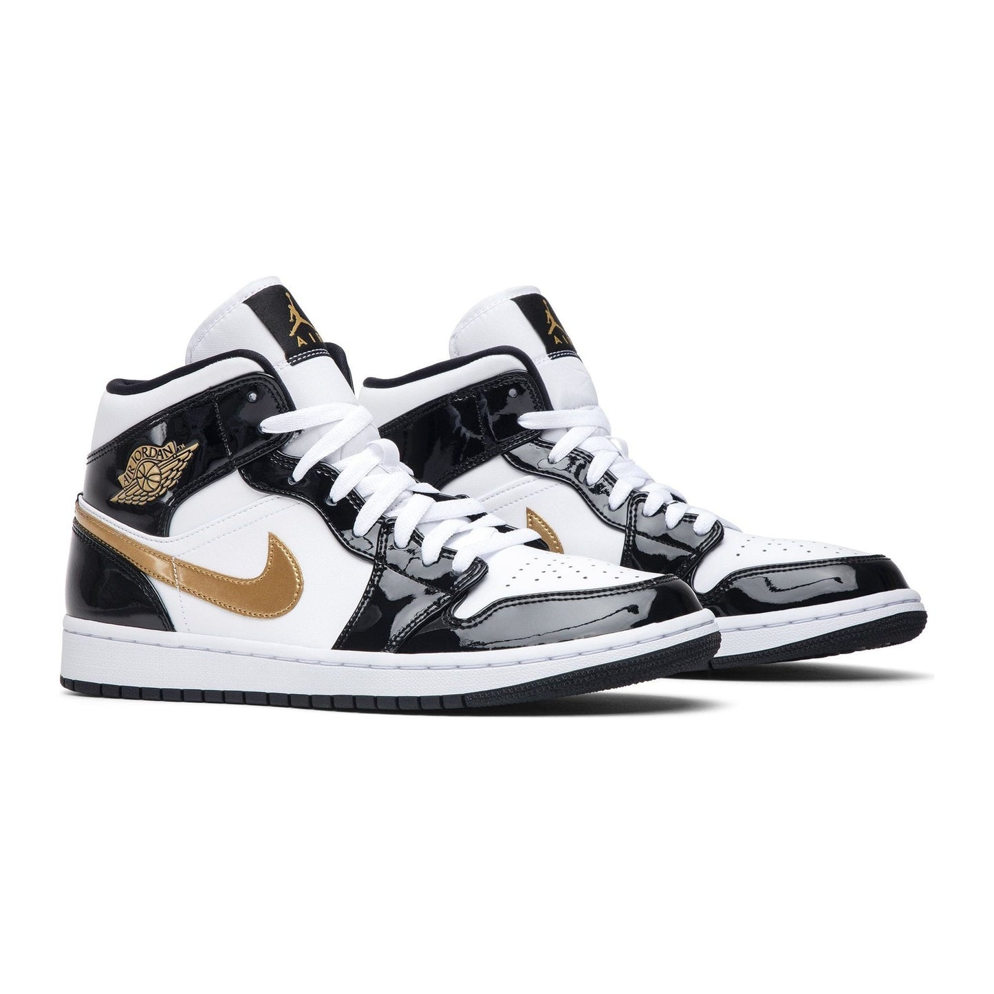 Jordan 1 Mid Patent Black White Gold