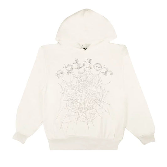 Sp5der OG Rhinestone Logo Hoodie White