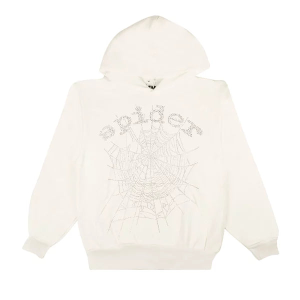 Sp5der OG Rhinestone Logo Hoodie White