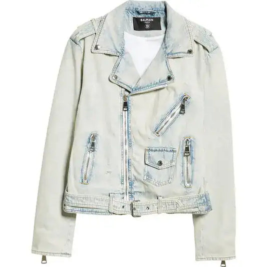 Balmain Faded Denim Moto Jacket 6fc 'China Blue'