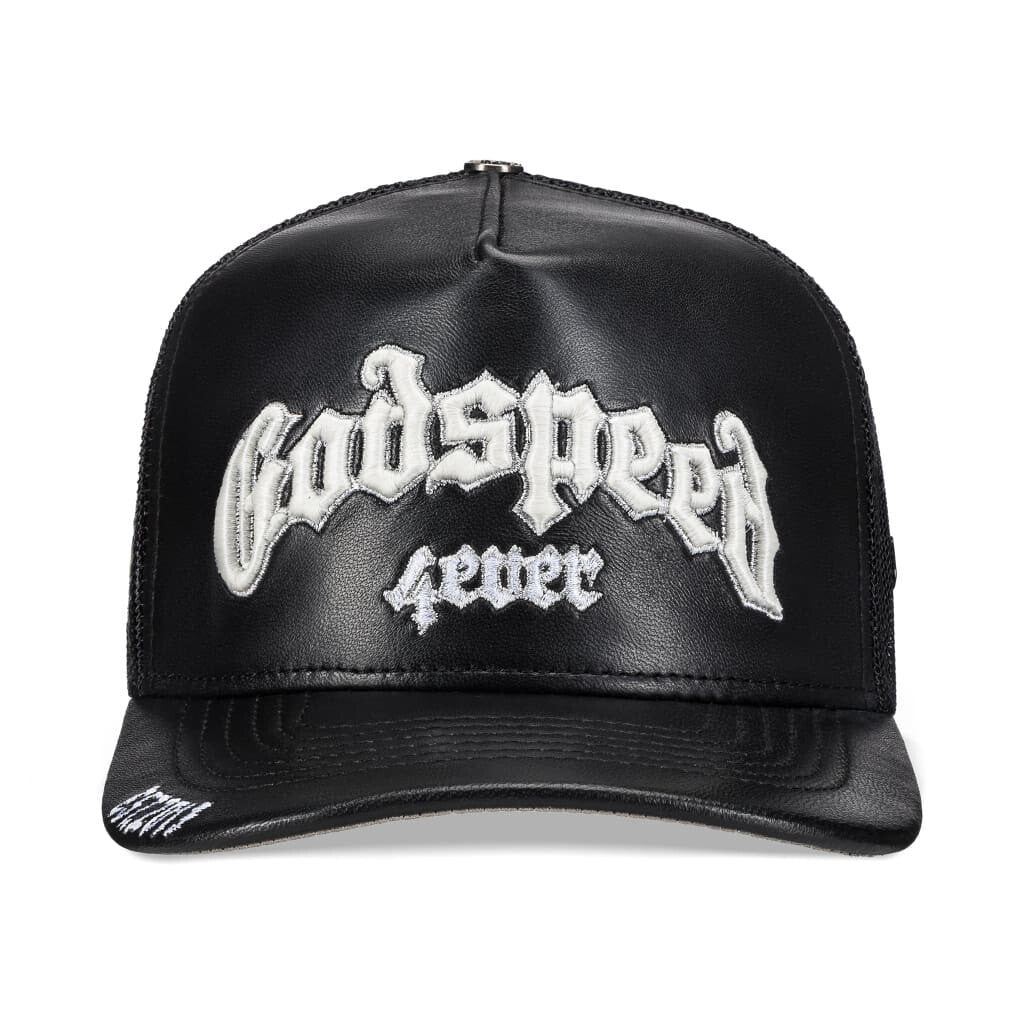 Godspeed Forever Premium Leather Trucker Hat (Black) - front view