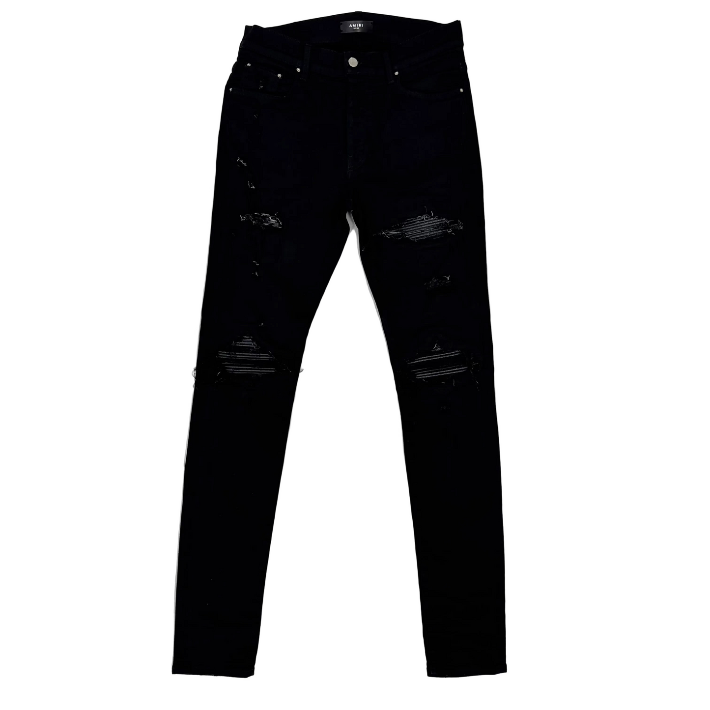 Amiri MX1 Distressed Black Patch Jeans (Pre-Owned)