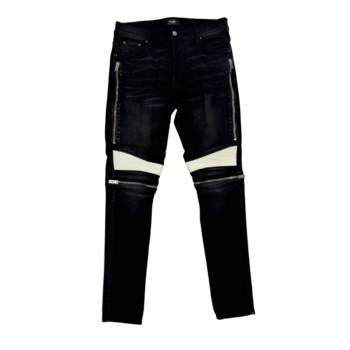 Amiri Antique Black Mx2 White Leather Repair Jeans (Pre-Owned)