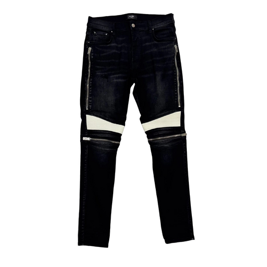 Amiri Antique Black Mx2 White Leather Repair Jeans (Pre-Owned)