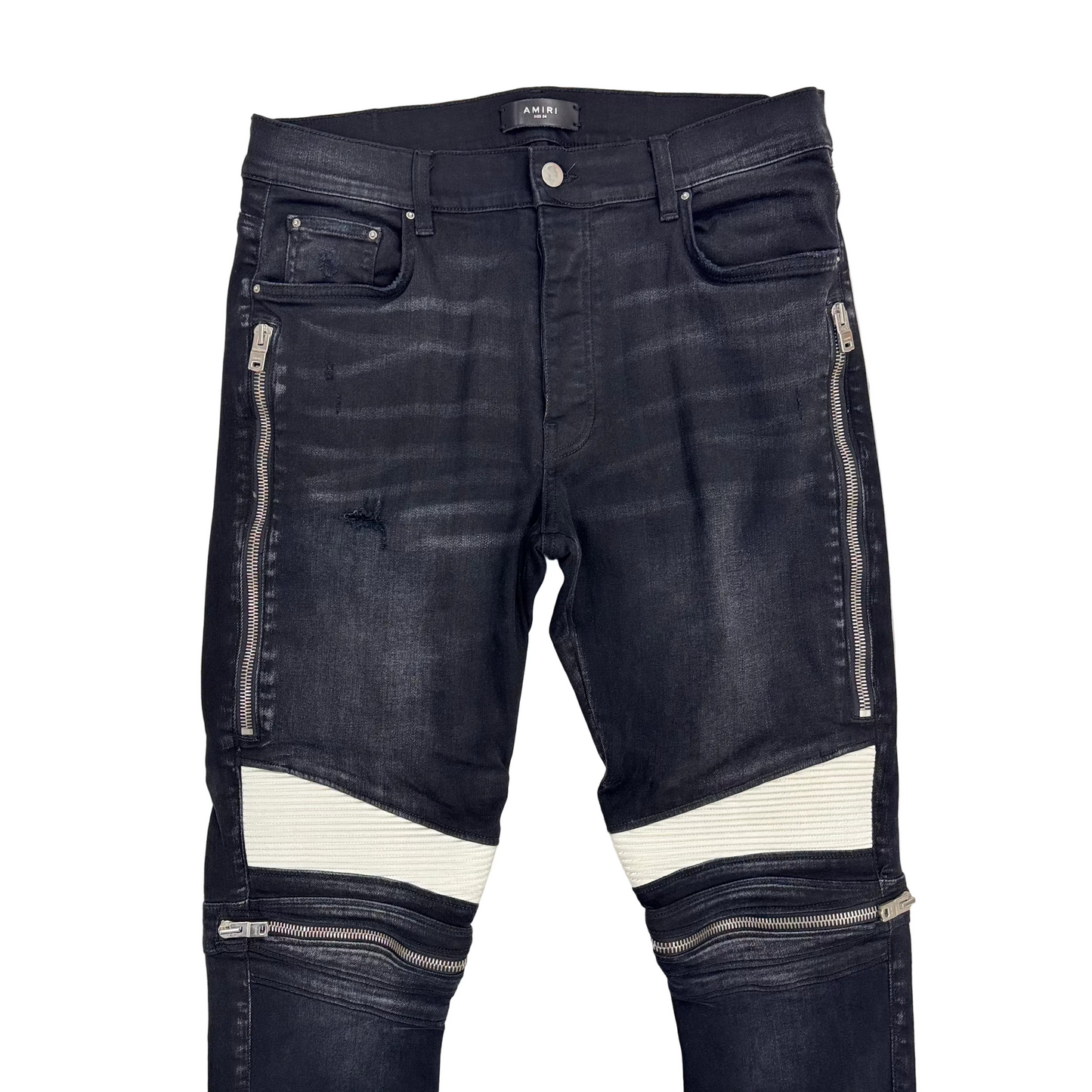 Amiri Antique Black Mx2 White Leather Repair Jeans (Pre-Owned)