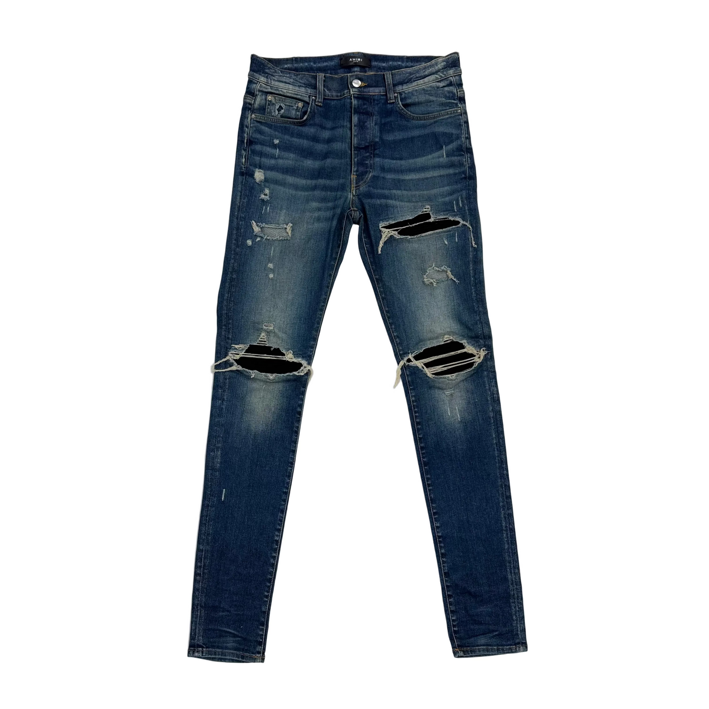 Amiri 'Blue' Black Patch MX1 Distressed Skinny Jeans (Pre-Owned)