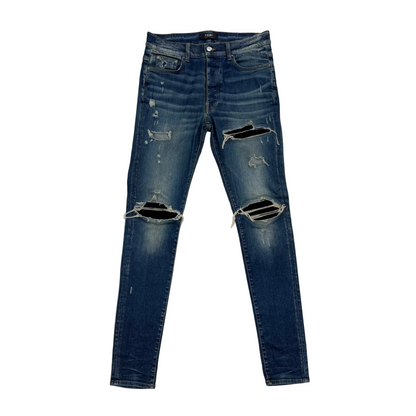 Amiri 'Blue' Black Patch MX1 Distressed Skinny Jeans (Pre-Owned)