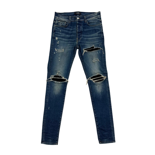 Amiri 'Blue' Black Patch MX1 Distressed Skinny Jeans (Pre-Owned)