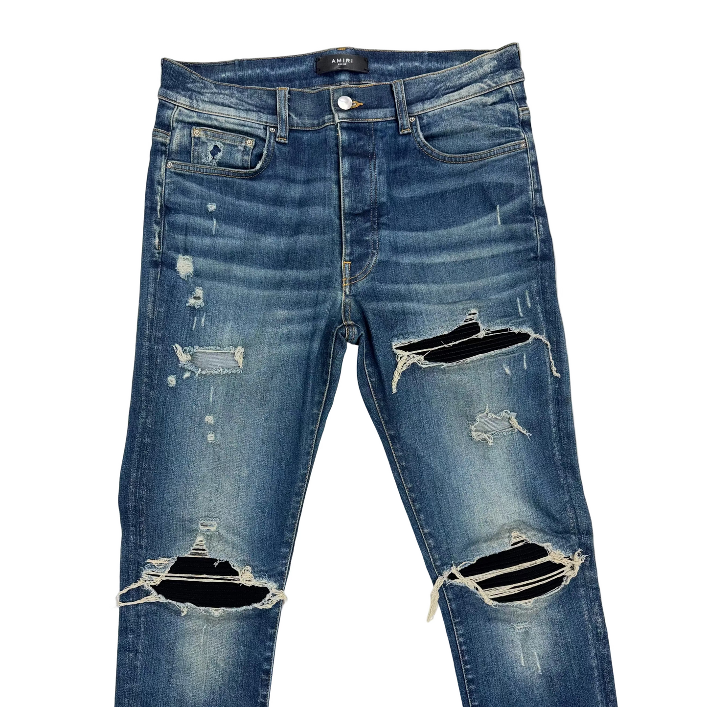 Amiri 'Blue' Black Patch MX1 Distressed Skinny Jeans (Pre-Owned)