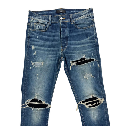 Amiri 'Blue' Black Patch MX1 Distressed Skinny Jeans (Pre-Owned)
