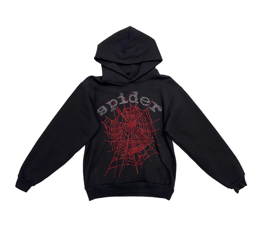 Sp5der OG Rhinestone Logo Hoodie 'Black/Red' (Pre-Owned)