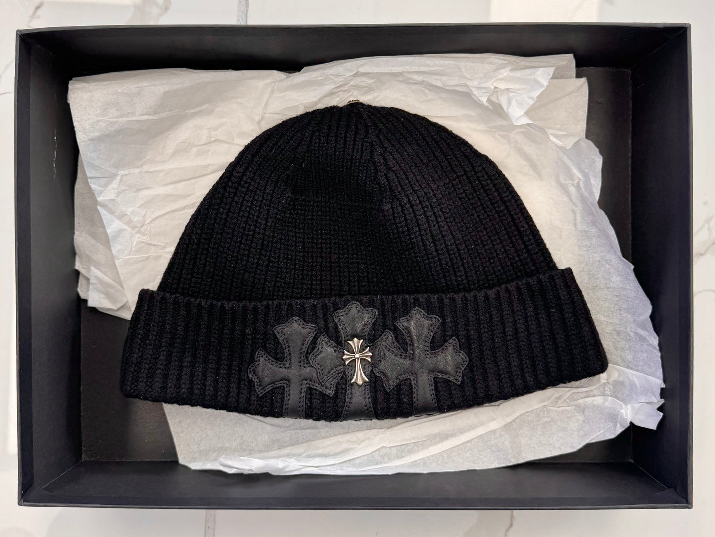 Chrome Hearts Cross 3 Cemetery Cross Patch Beanie Cap Black (Pre-Owned)
