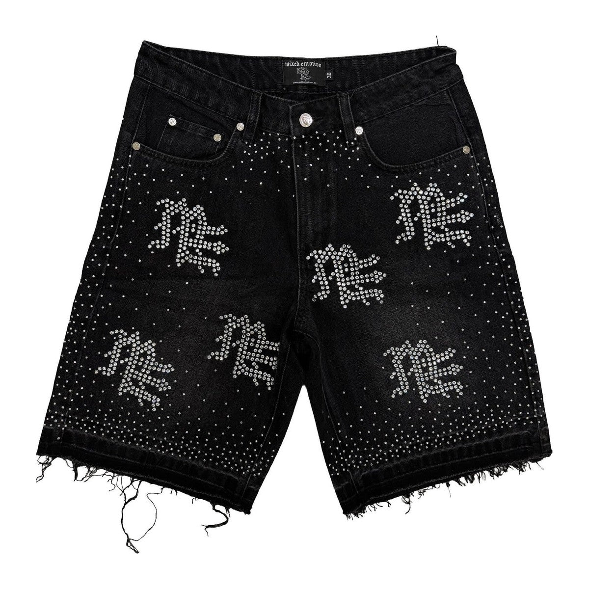 Mixed Emotion Black ME Rhinestone Denim Shorts