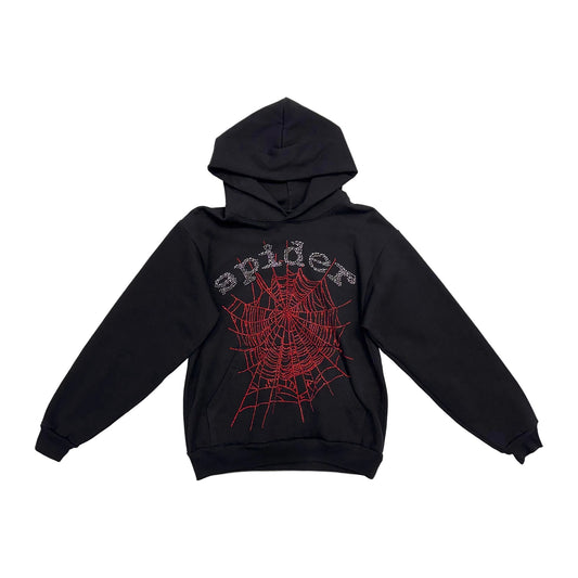 Sp5der OG Rhinestone Logo Hoodie 'Black/Red' (Pre-Owned)