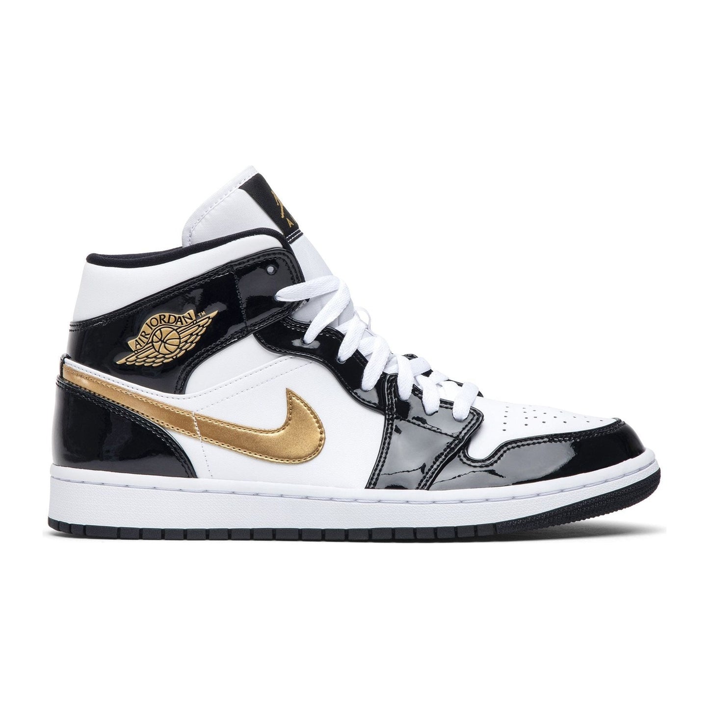 Jordan 1 Mid Patent Black White Gold