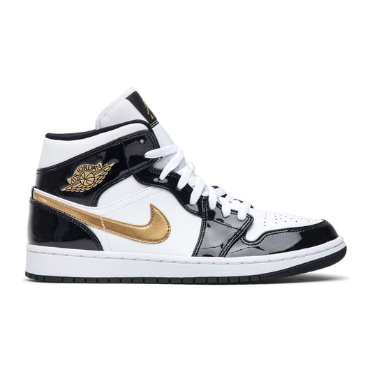 Jordan 1 Mid Patent Black White Gold