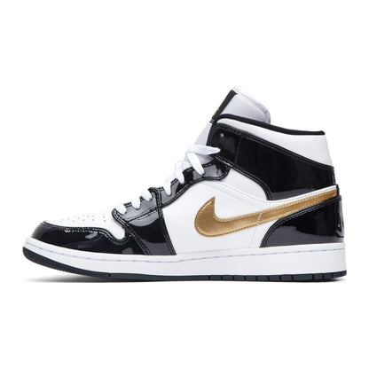 Jordan 1 Mid Patent Black White Gold