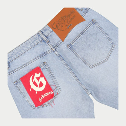 Godspeed OG Logo Flared Denim Printed Jeans (Blue)