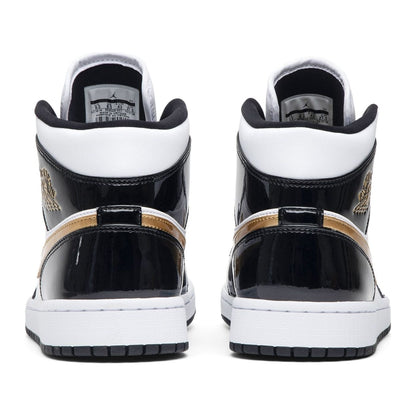 Jordan 1 Mid Patent Black White Gold